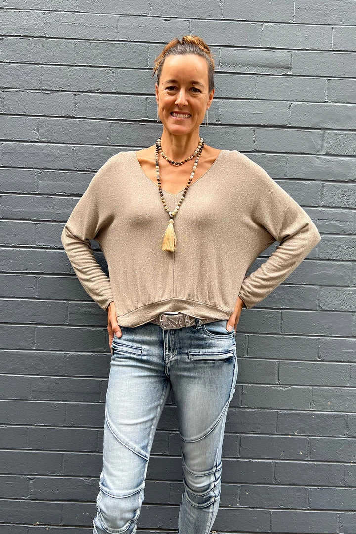 Cindy G Clothing Shimmer V Neck Top | Gold Ash | CG47 1 Cindy G Clothing Shimmer V Neck Top | Gold Ash | CG47