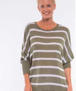 Cafe Latte Stripe Batwing Knit Top | Khaki | CL15