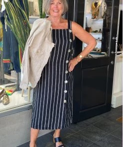 JUMP Dresses Button Side Stripe Linen Dress | Black/Tan | JP1 S