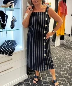 JUMP Dresses Button Side Stripe Linen Dress | Black/Tan | JP1 S