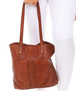 Modapelle Handbags Front Pocket Slip Tote Bag | Tan