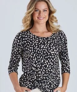 Threadz Print Knot Front Top | Black | TZ28 Clothing