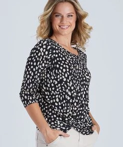 Threadz Print Knot Front Top | Black | TZ28 Clothing