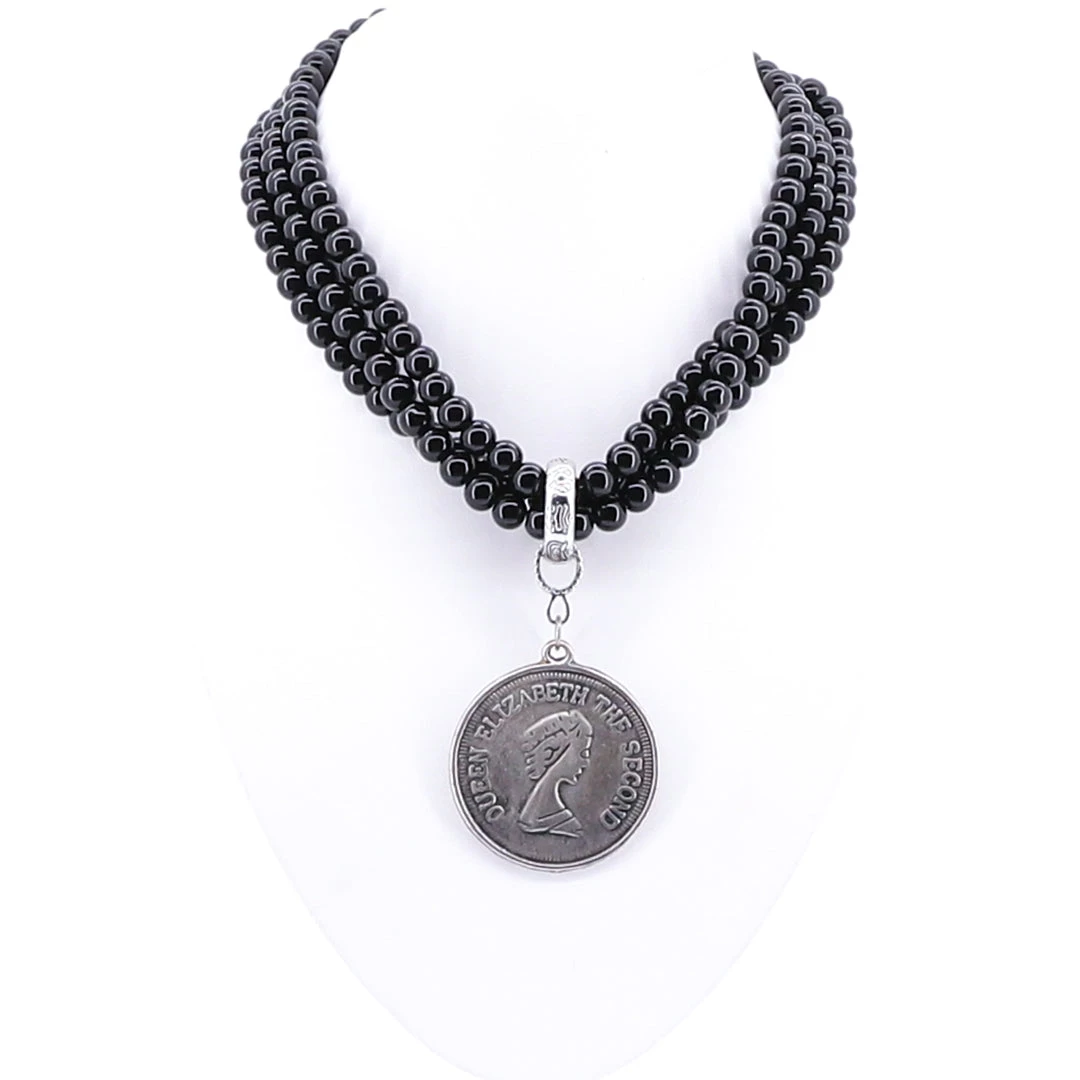 Onyx Necklace With Coin Pendant - Blue Scarab - BS2 1 Onyx Necklace With Coin Pendant - Blue Scarab - BS2