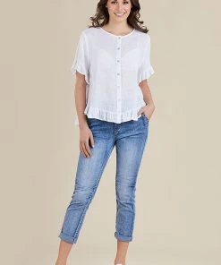 Threadz Tops Frill Detail Button Top | White | TZ10