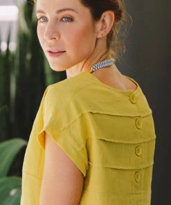 See Saw Dresses Cap Sleeve Button Back Dress | Mustard | SS25s