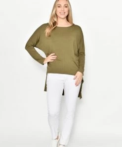 Cali & Co Curve & Plus Size Clothing Unbalanced Long Sleeve Jersey Top | Khaki | CC16
