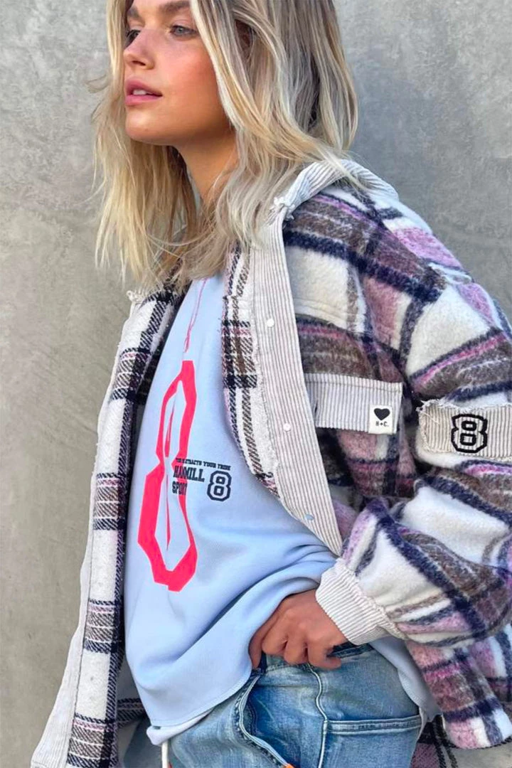 Hammill + Co Clothing Lumberjack Frayed Check Hoodie | Grey/Mauve | HC27 2 Hammill + Co Clothing Lumberjack Frayed Check Hoodie | Grey/Mauve | HC27