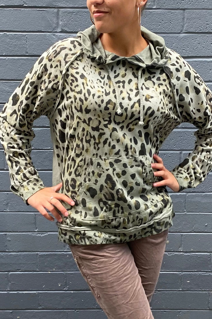 Wednesday Lulu Clothing Leopard Hooded Jumper | Sage | WL27 3 Wednesday Lulu Clothing Leopard Hooded Jumper | Sage | WL27