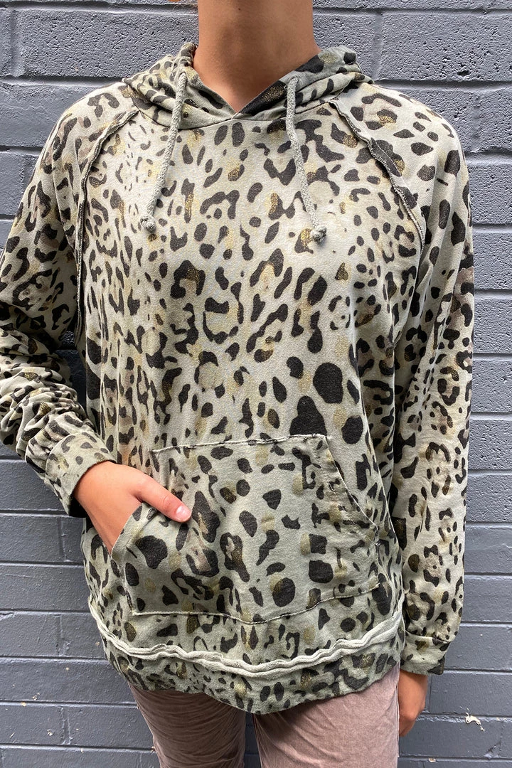 Wednesday Lulu Clothing Leopard Hooded Jumper | Sage | WL27 1 Wednesday Lulu Clothing Leopard Hooded Jumper | Sage | WL27