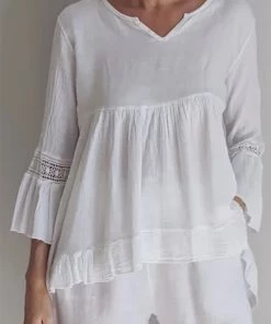 Puro Lino Simona V Neck Linen Top - White