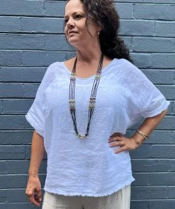 Cindy G Frayed V Neck Top | White | CG25 Clothing