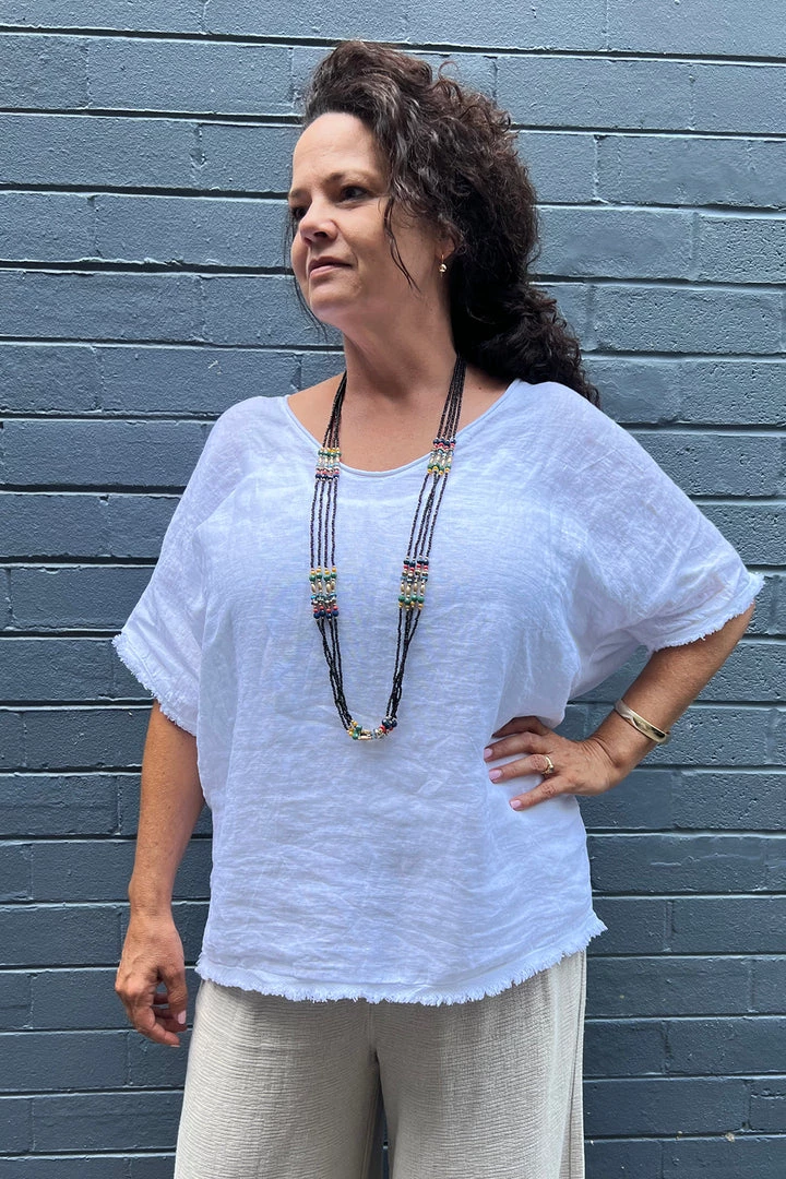 Cindy G Frayed V Neck Top | White | CG25 Clothing 1 Cindy G Frayed V Neck Top | White | CG25 Clothing