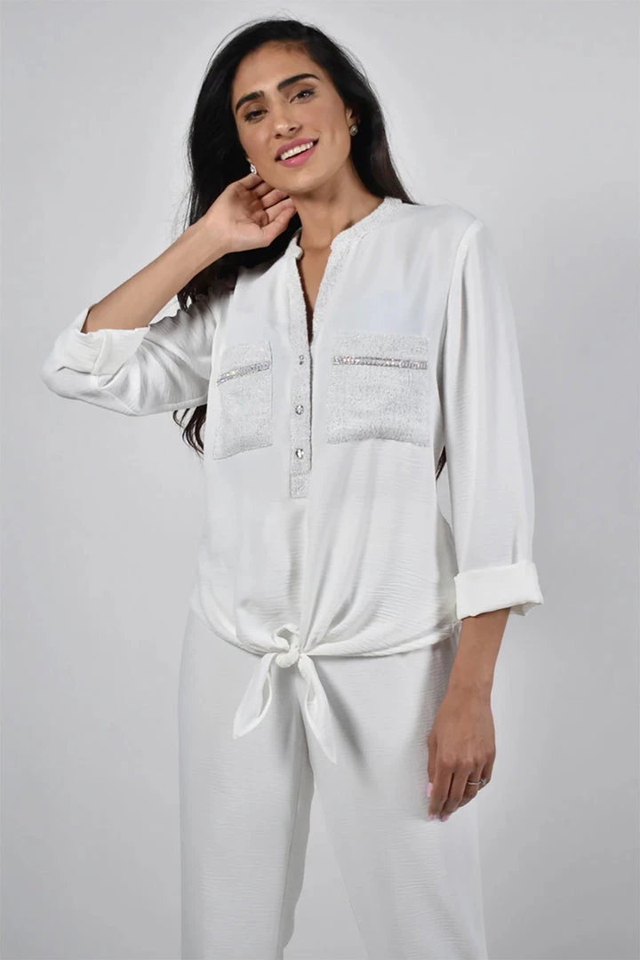 Frank Lyman Clothing White Woven Embellished Top | FL90 1 Frank Lyman Clothing White Woven Embellished Top | FL90