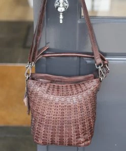 Modapelle Vintage Leather Weave Bucket Bag - Chocolate Handbags