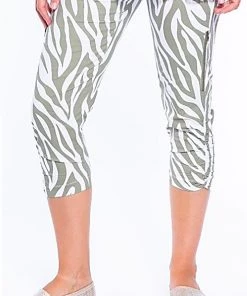 Cafe Latte Zip Detail Zebra Print Pant | Khaki | CL16s Pants